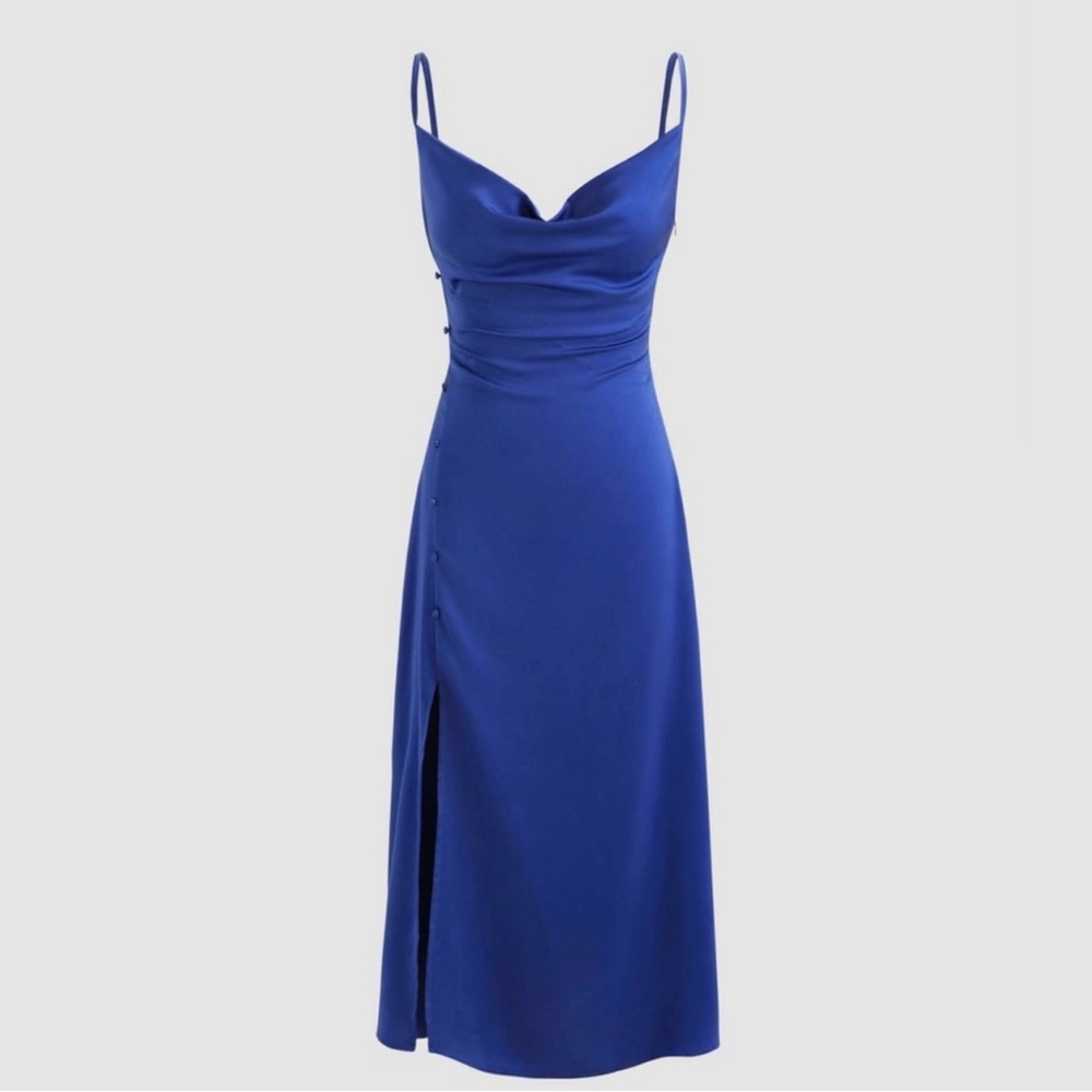 Cider Blue Slip Dress w/ Cowl Neckline - Picture 7 of 10